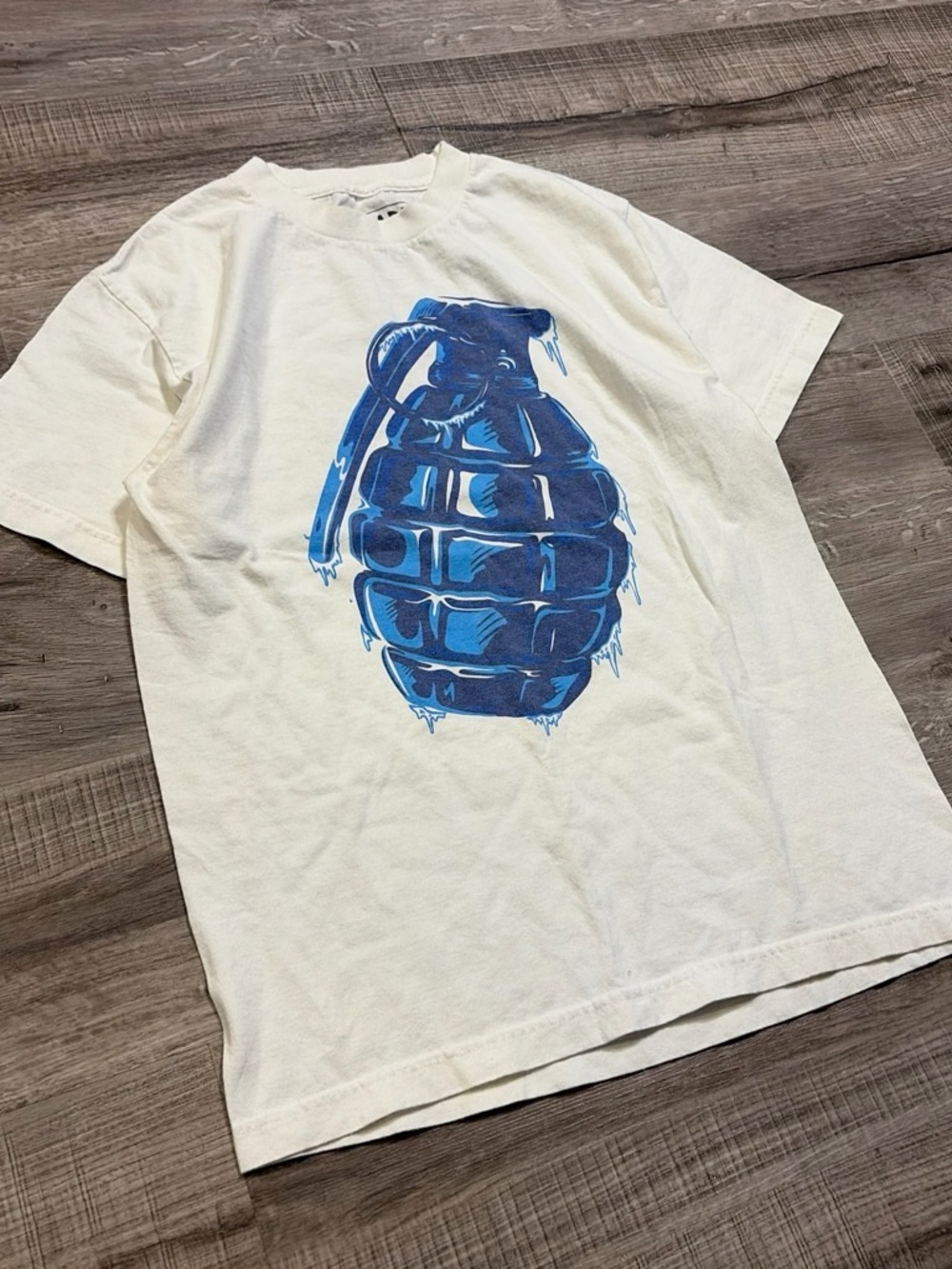 Men's Short Sleeve Graphic Tee with Blue Grenade Print - White
